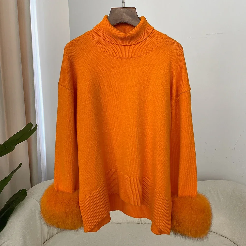 2024 Sweater Women Autumn Natural Fur Knitwear Pull Femme Real Fox Fur Coat Winter New Fashion Sleeves Slim Fit Sweaters Vintage