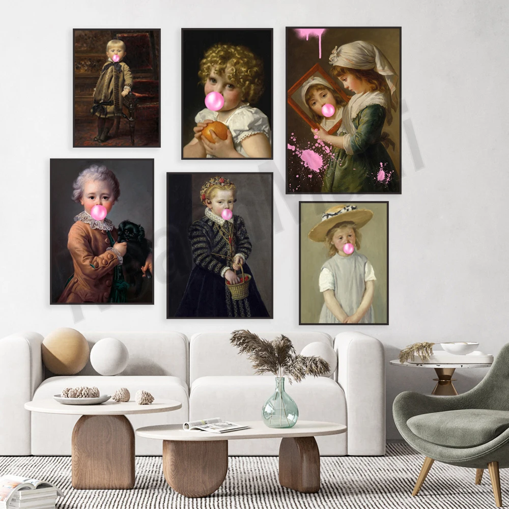 Boy bubblegum print, French variation art, pink bubblegum, baby rococo, Ernst Klimt poster, baby classic painting decoration