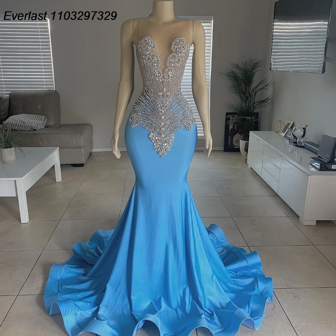 EVLAST Customized Blue Rhinestone Velvet Mermiad Prom Dress For Black Girls Silver Diamonds Beaded Party Gala Gown TPD106