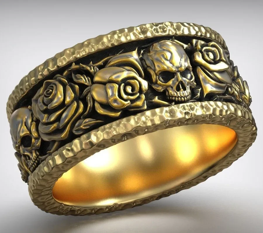 16g Hiphop Forged Roses Skull Pattern Hammered Gold Ring  Customized 925 Solid Sterling Silver Ring Many Sizes 6-12