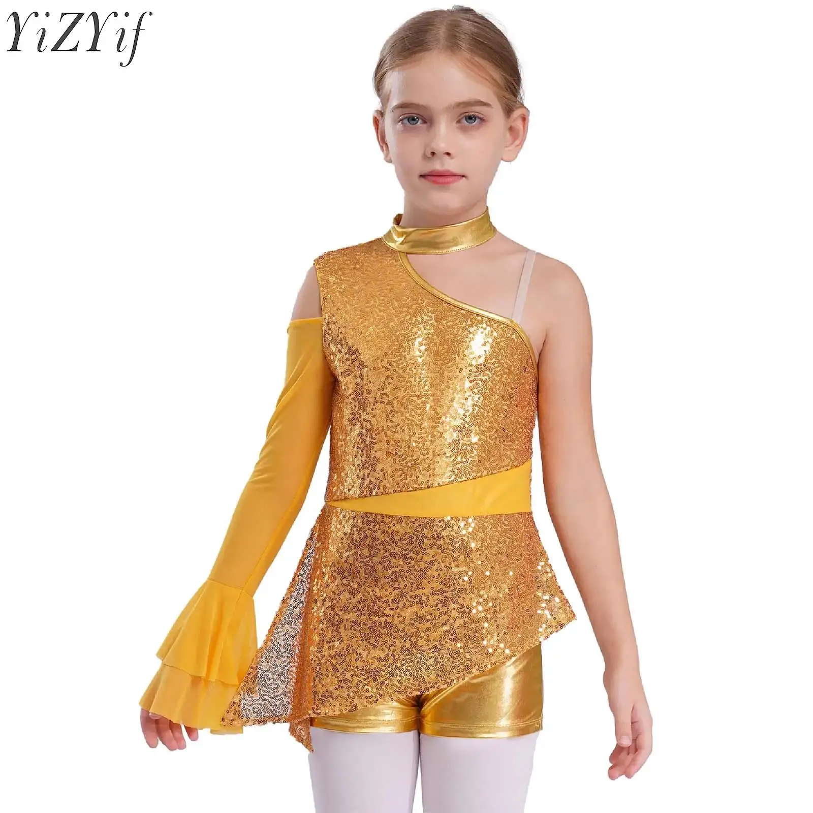 

Kids Girls Sequins Ballet Dance Leotard Performance Ballerina Costumes Asymmetric Shoulder Sheer Mesh Ruffled Sleeves Bodysuit