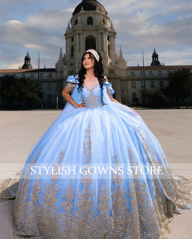 พู่สีฟ้า Quinceanera เดรสลูกปัด Appliques Ball Gown LACE-Up หรูหราชุดผู้หญิง 2024 ชุดพิเศษที่กําหนดเอง