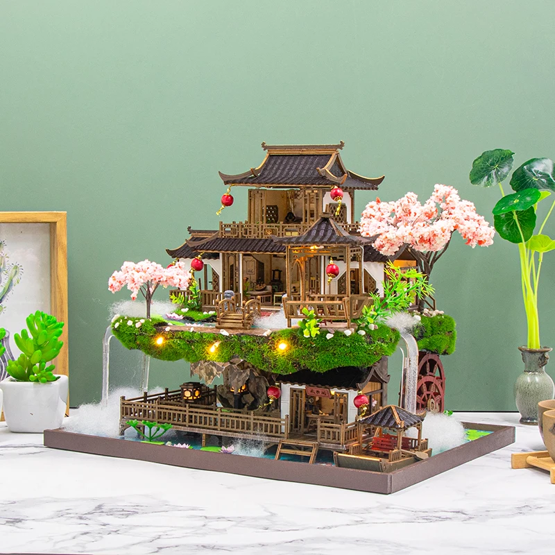 DIY木製ミニチュアモデルキット、中国のcasa、古代の桜、家具ライト付き3Dパズルドールハウス、室内装飾