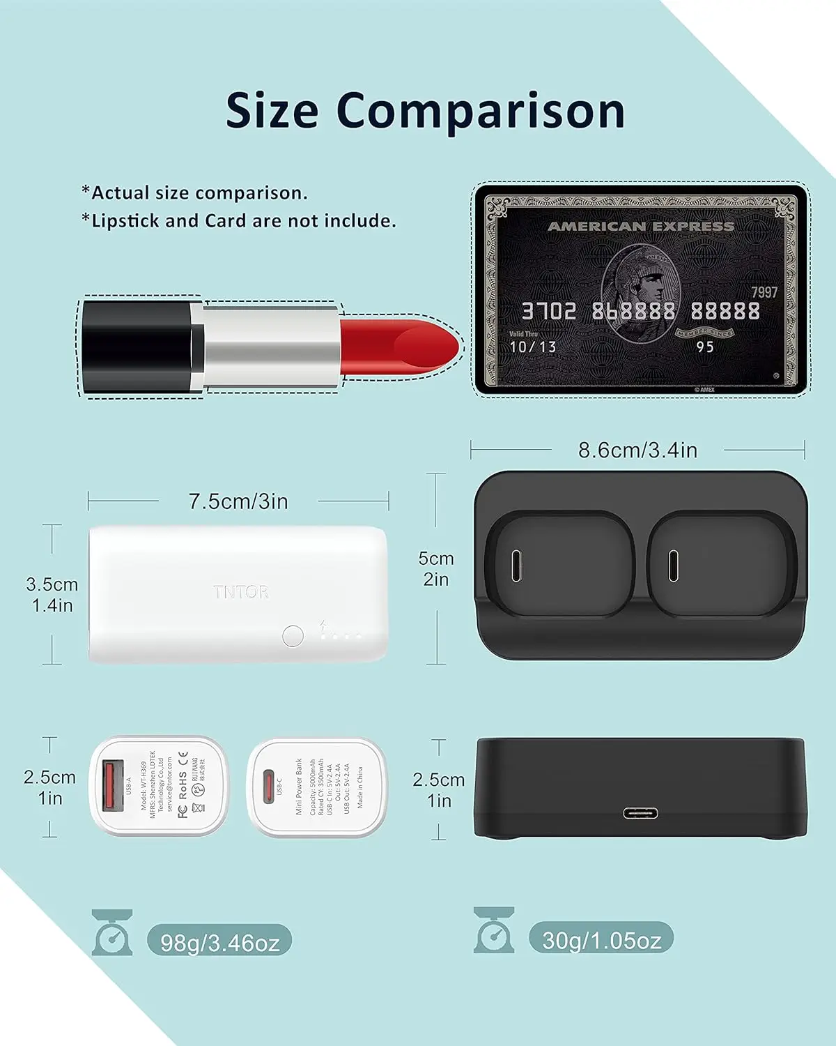 TNTOR 2+1 Portable Power Bank 5000mAh Lipstick Size Ultra Compact Stick Fast Charger with Charging Station for iPhone Samsung