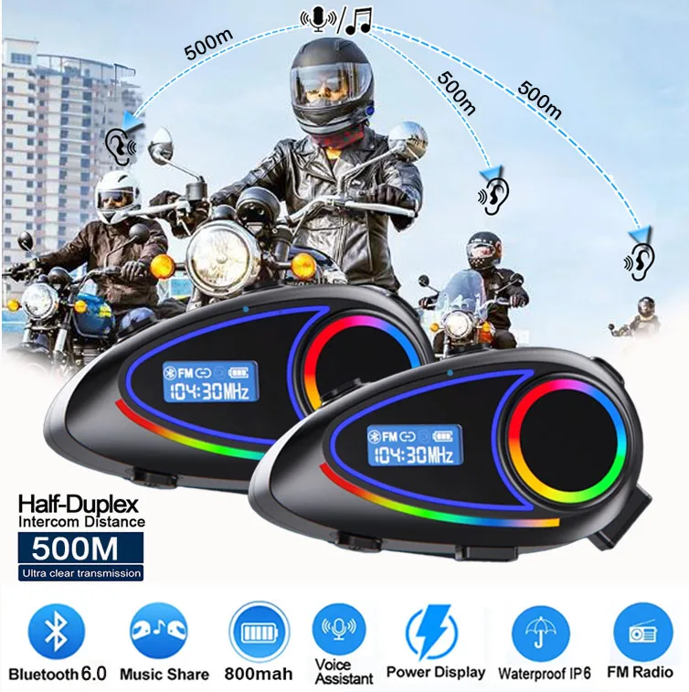 

500M Half Duplex Motorcycle Helmet Intercom Headset FM+Bluetooth 6.0 Music Share Interphone Waterproof Voice Assistant Headphone