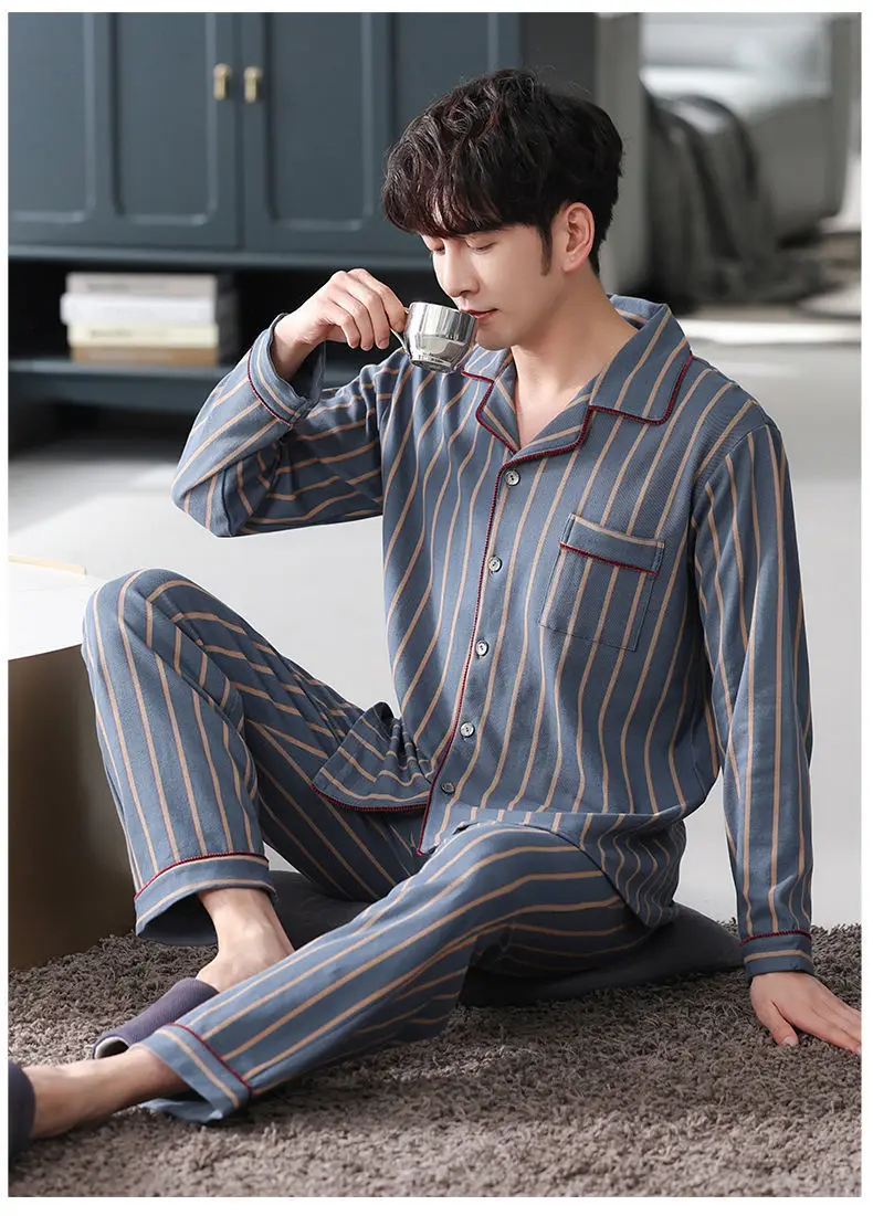Frühling Herren Herbst und Winter langärmelige lange Hosen mittleren Alters dünner Abschnitt von Pyjamas Nachtwäsche Homewear Anzug Loungewear – Detail 13