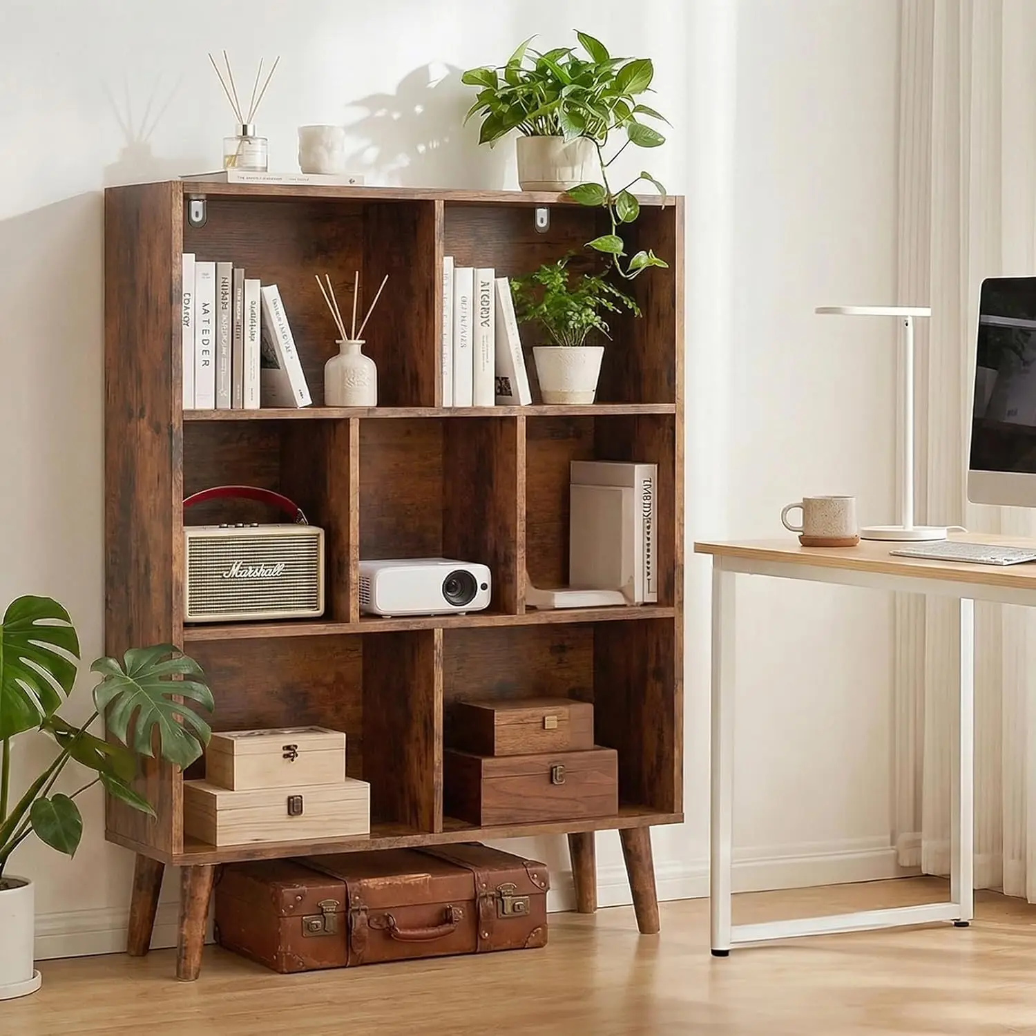 7 Cube Bookshelf, Small Bookshelf with Legs, 3-Tier Modern Wood Book Case, Free Standing Bookcase Cube Shelf, Freestandi