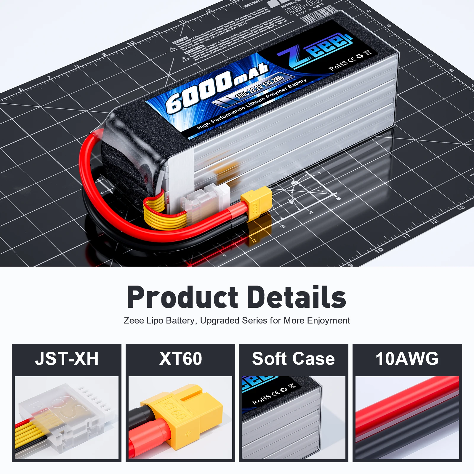 Zeee-Batería de Dron 6S Lipo, 22,2 V, 6000mAh, FPV, 100C con XT60 Softcase para coche, avión, barco, RC, piezas de modelo de batería