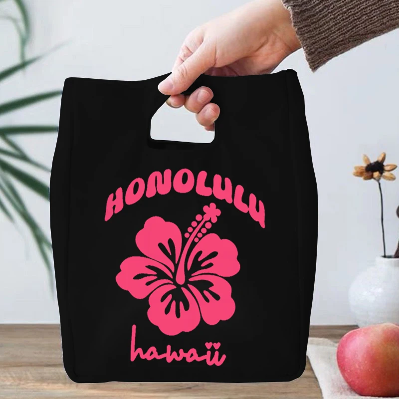 Beach Floral Design Lunch Box Storage Bag Women Hibiscus Flower Letter Print Portable Bento Bags Ocean Beach Lover Lunch Bags