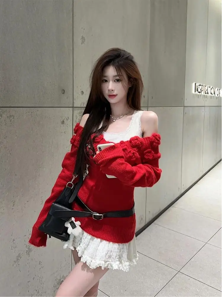 Off-the-shoulder Pure Desire Ankela Red Knit sweater Women Autumn 2024 New Waist Hugging Retro Three-dimensional Flowers Top ...