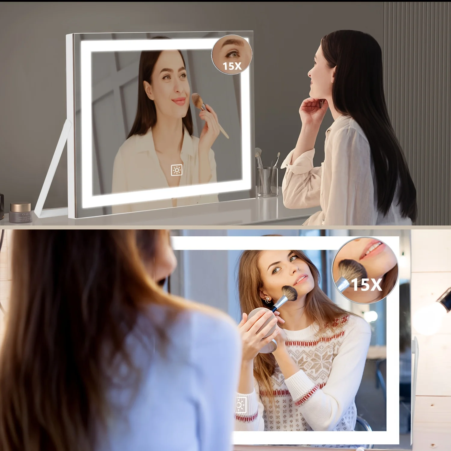Vanity Mirror with Lights - Smart Touch Control 3 Colors & Adjustable Brightness Makeup Mirror with 15X Magnifier, 360° Rotation