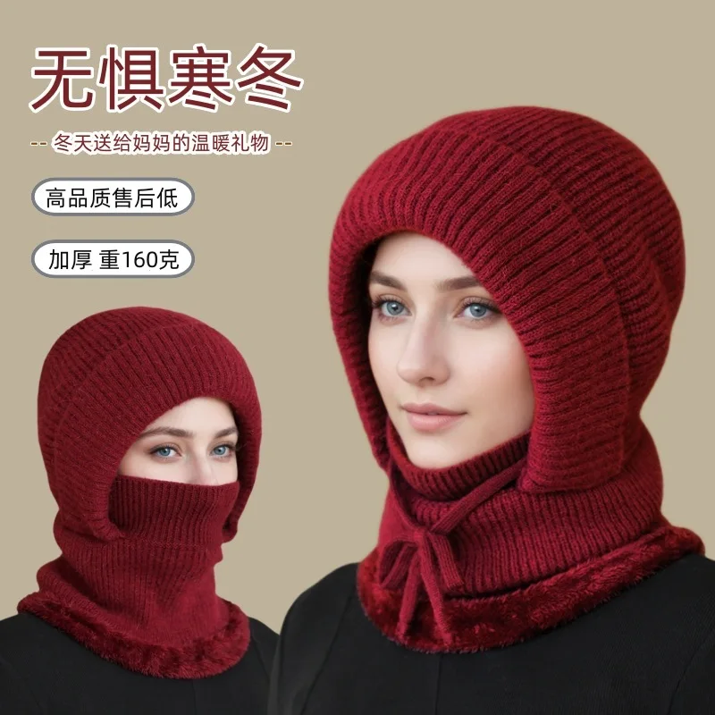 ladies-winter-integrated-hat-scarf-mask-thick-fleece-knitted-cap-wind‑resistant-warm-outdoor-cycling-headwear