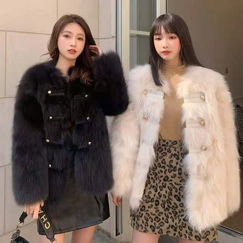 Mantel bulu rubah imitasi mode musim gugur 2023 mantel hangat Mode Korea wanita pakaian elegan pesta wanita jaket luar pendek longgar C72