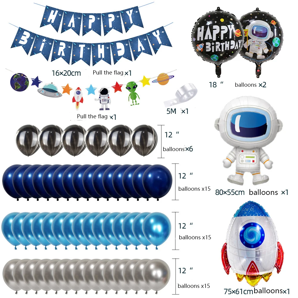 Party Balloons Baby Birthday Astronaut Theme Party Decoration Cartoon Astronaut Rocket Aluminum Foil Balloon Birthday Flag Set