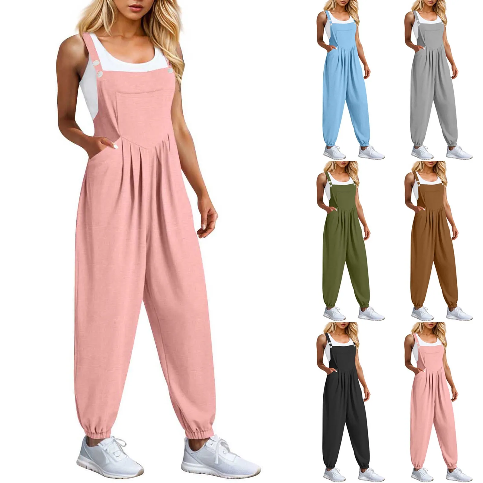 Women'S Spring  Jumpsuits Adjustable Strap Vintage Solid Color Sleeveless Pants With Pockets Enterizos Para Mujeres