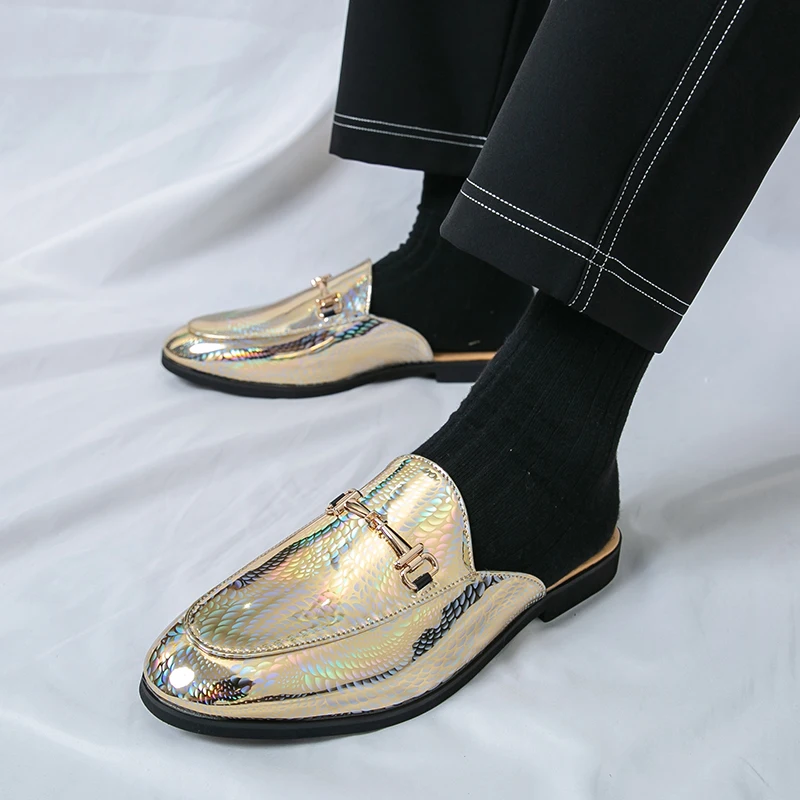 Fashion Brand Men's Cool Snake Skin Pattern Comfortable Half Back Leather Shoe Summer Men Breathable Bottom Casual Leather Shoes