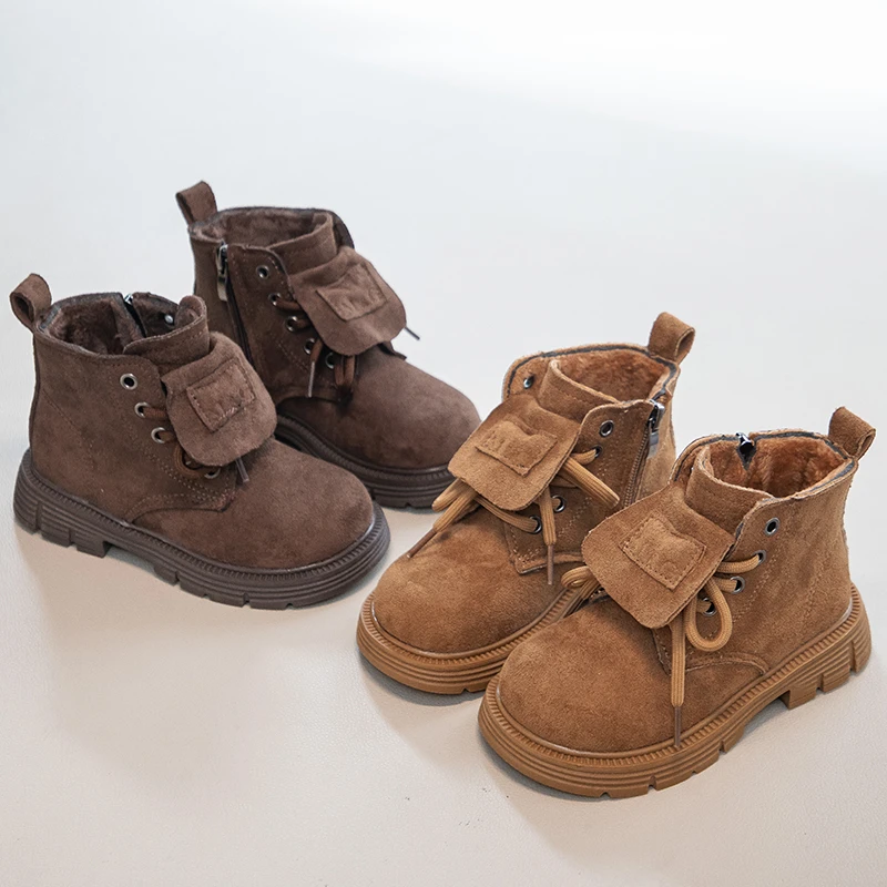 

Girls Faux Fur Lined Riding Boots 2025 New Winter Kids Suede Leather Ankle Boots Non-slip Classic Kids Outdoor Hiking Boots