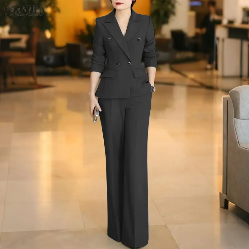 

Elegant Women's Blazer Suits Long Sleeve Lapel Neck Jackets & Wide Leg Pants 2 Pieces Pant Sets ZANZEA Office Wear Solid Outfits