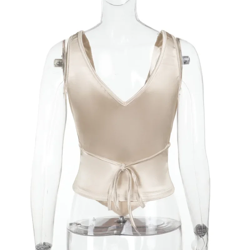 여성 패션 샴페인 새틴 코르셋 탱크 탑 섹시한 딥 브이 넥 민소매 백리스 레이스 업 슬림 바디 쉐이핑 조끼 캐주얼 티셔츠