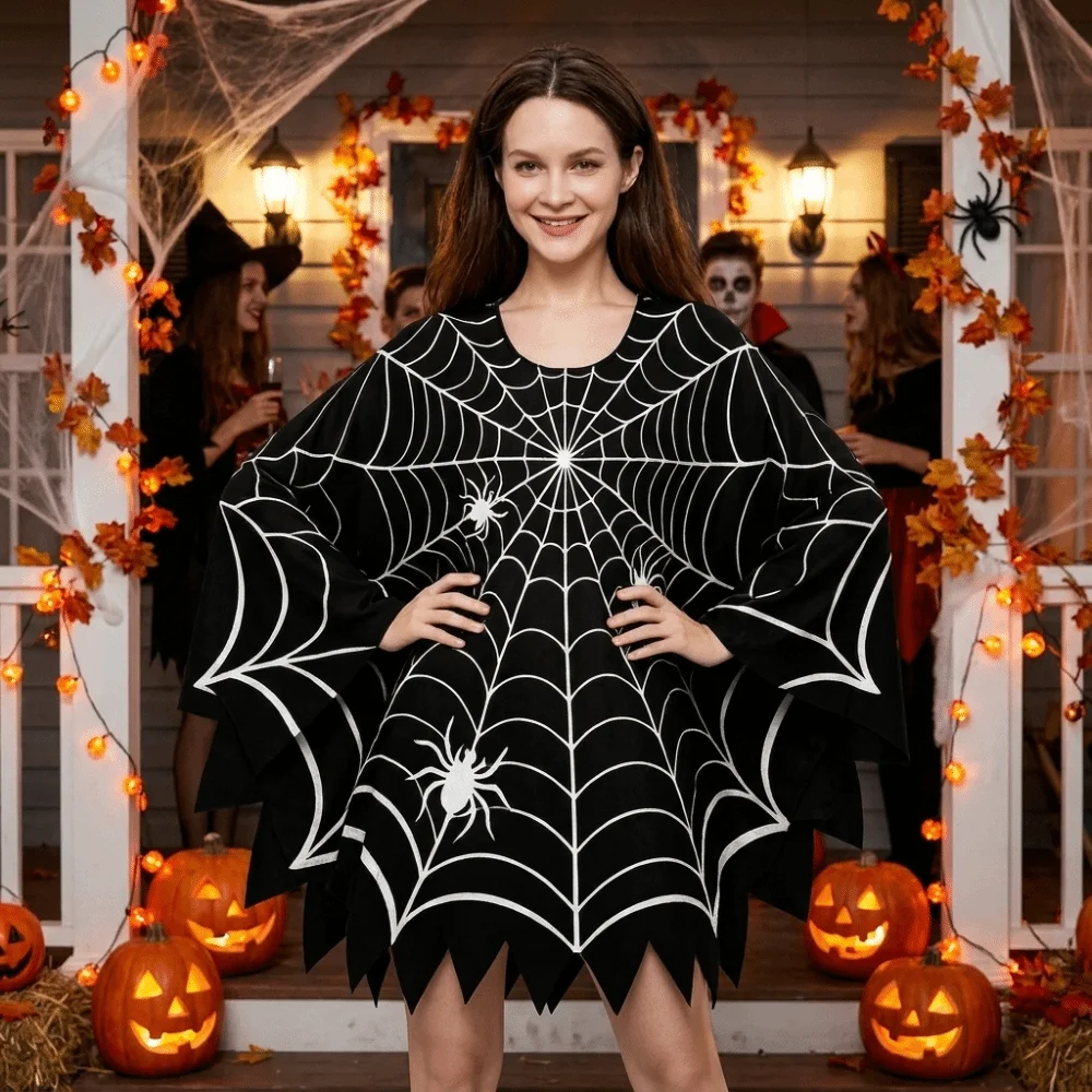 Creative Scary Halloween Spider Web Cloak Creepy Black Shawl Cosplay Party Costume Poncho Cape Stage Drama