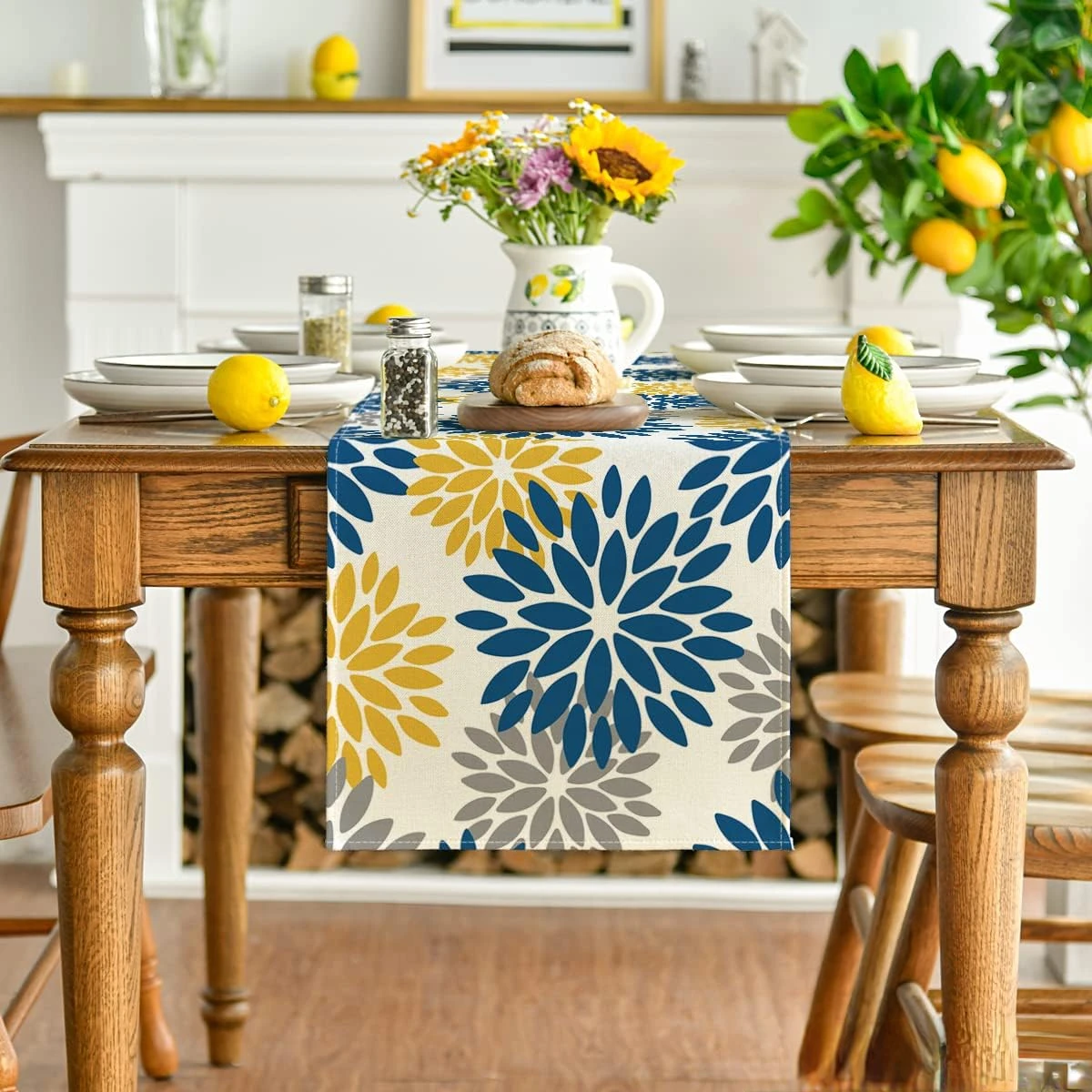 Blue Dahlia Floral Summer Linen Table Runners Seasonal Spring Dresser Scarf Table Decor Wedding Party Kitchen Dining Table Decor