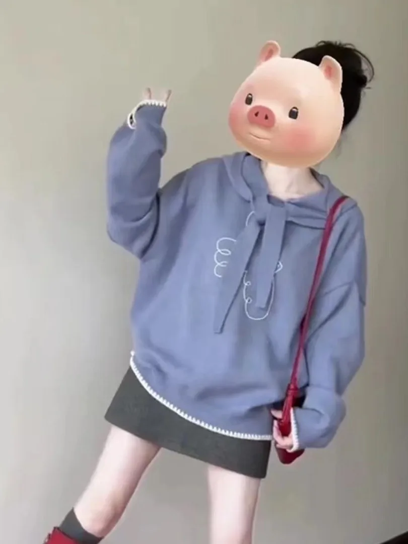 

Blue Printed Hooded Sweater Women's Korean Sle Autumn Winter Chic Vintage Unique Beautiful Knitted Top for Young Girls