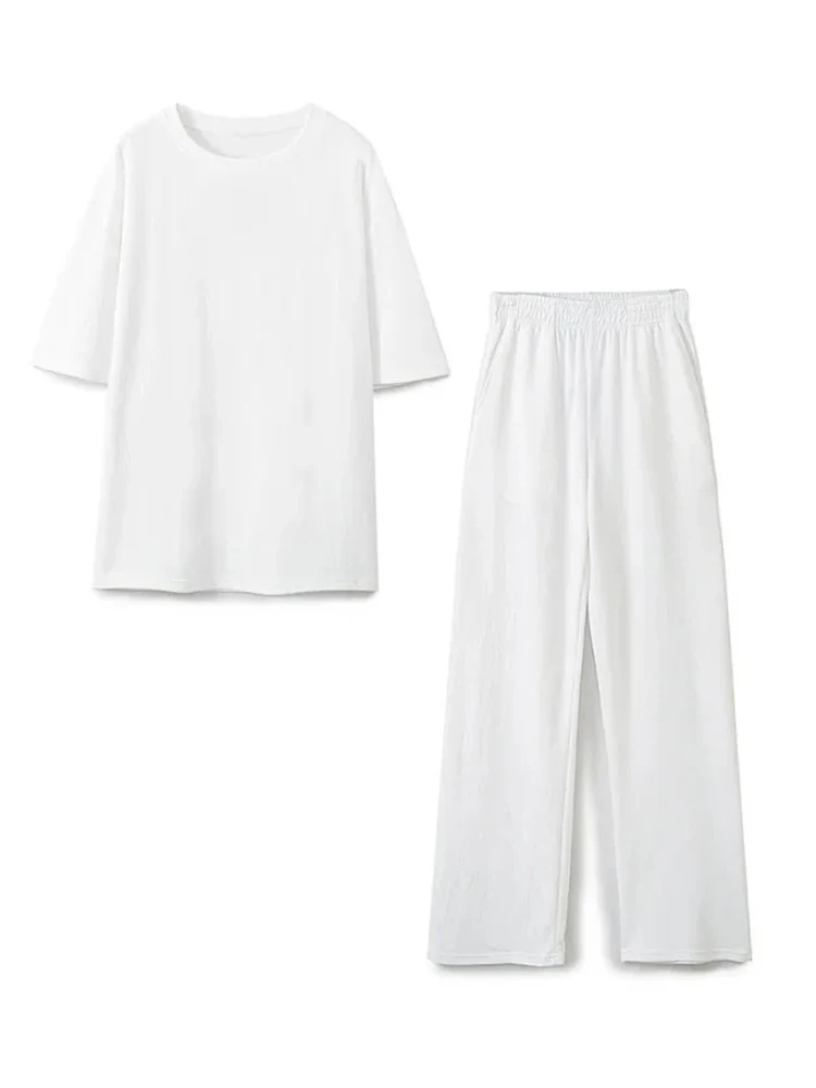 HH 2024 Women\'s Solid Basic T Shirts Loose Casual Set Fashionable Stretch High Waist Female Pants 2-piece Spring Suits