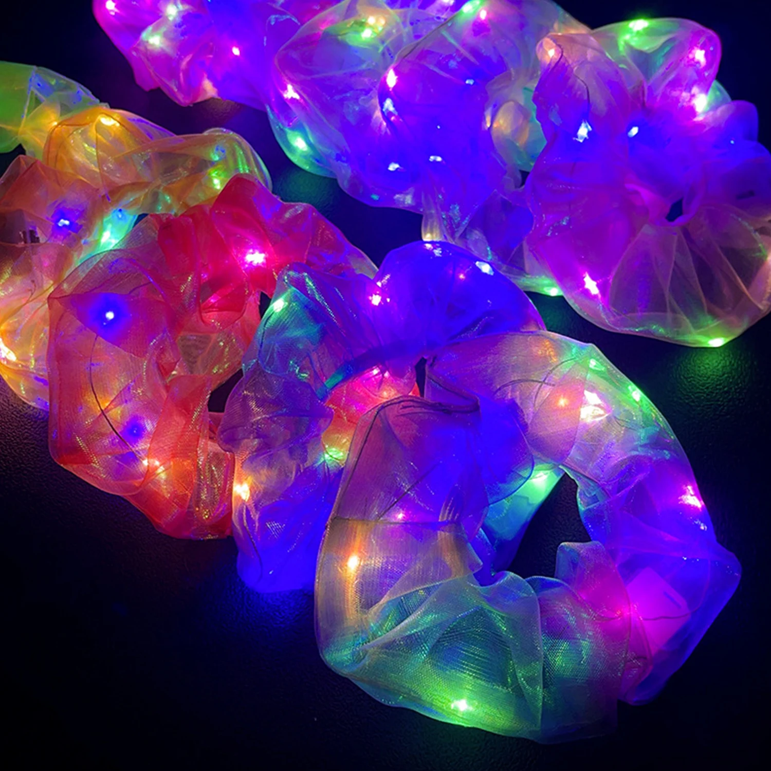 Hair Scrunchies LED Flash Hair Rope Light Modes Scrunchies Mesh Elastic Bands Tie Rope Women Girls Glow In The Dark Party