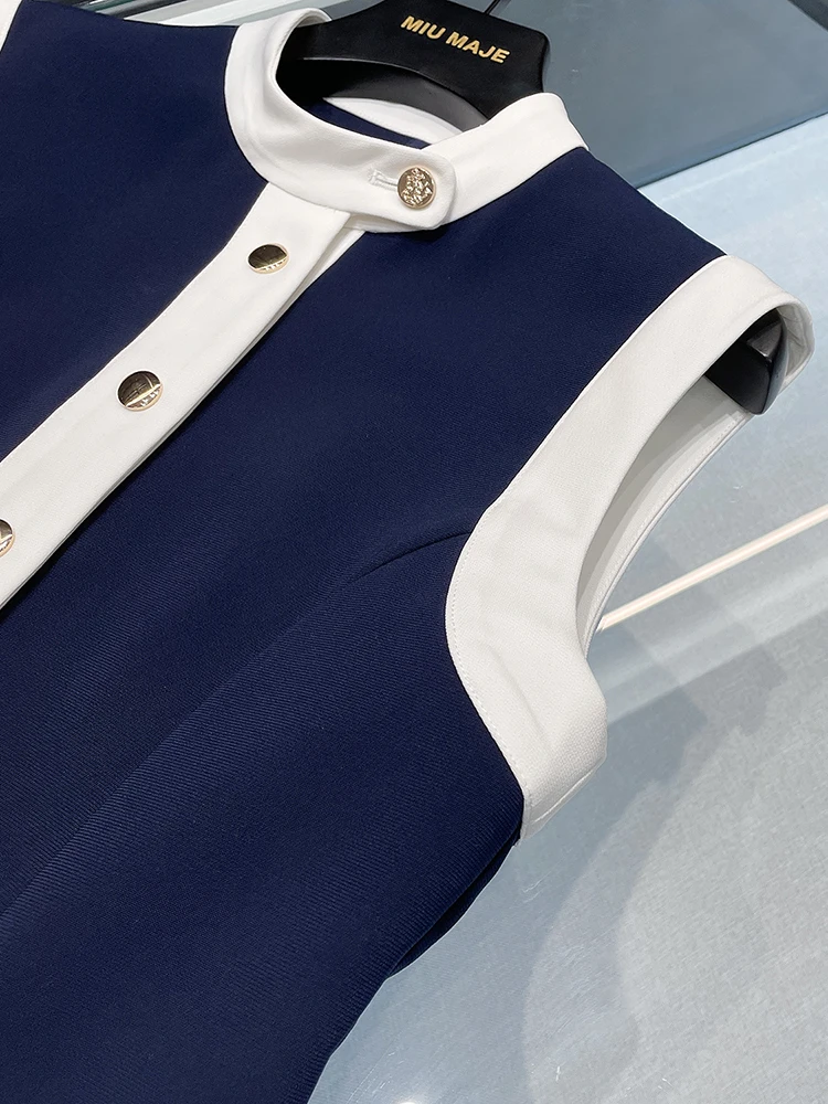 เอวสูงทรงเอ ดร.สีฟ้าสีขาวบลอเอวเข้ารูป Svel French Sle Summer Faion เสื้อผ้าผู้หญิง