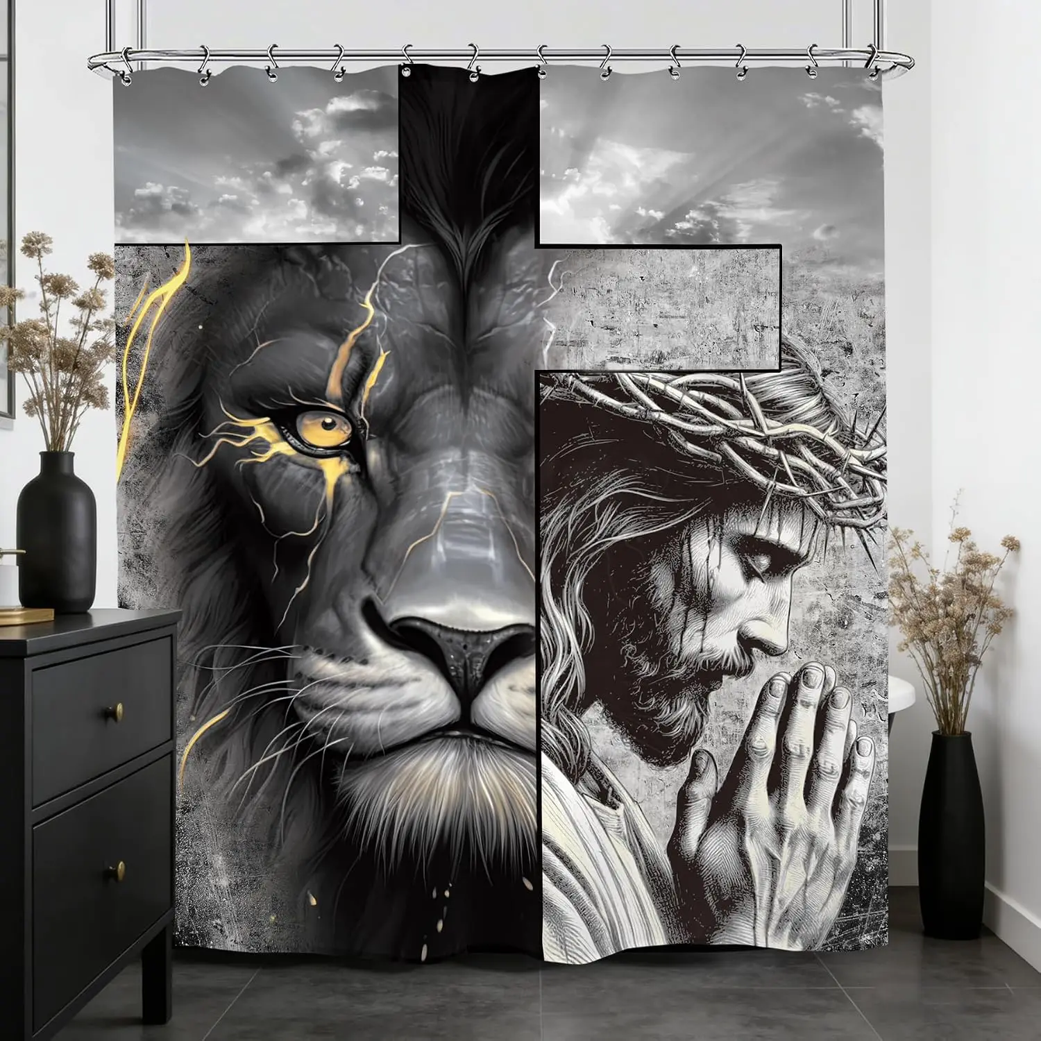 Luxurious Dramatic Lion and Christ Religious Triptych Shower Curtain Gothic Monochrome Art Bathroom Decor Shower Curtain