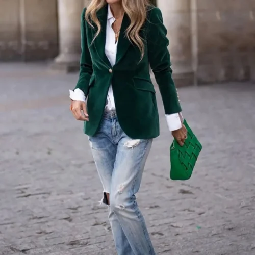 Imagen 2 del producto 2025 Otoño/Invierno nuevo Blazer de pana Lisa para mujer tela lisa gruesa, estilo de invierno Premium, elegante para el trabajo/Gala/diario