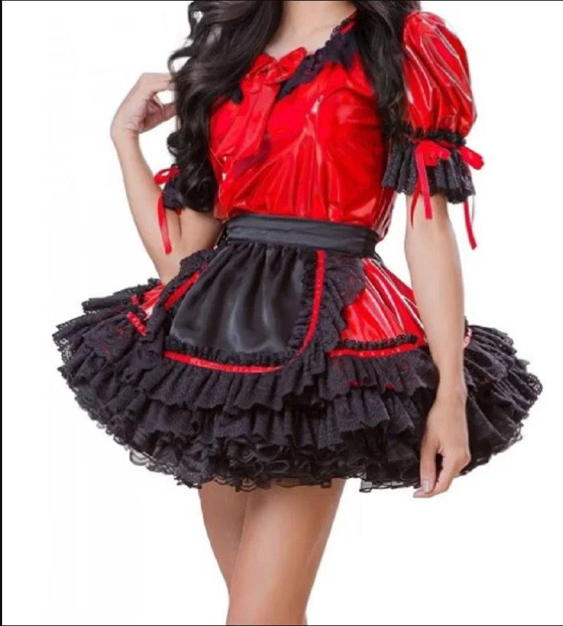 

Hot Selling Sexy Sissy Adult Giant Baby Girl French Maid Red PVC Independent Apron Fluffy Bubble Sleeve Dress Customization