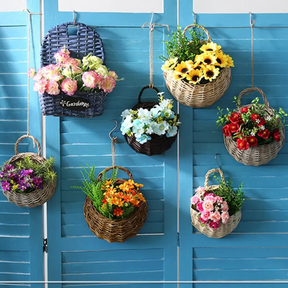 New Storage Container Flower Basket Wall Hanging Handmade Weaving Wicker Basket Flower Planter Home & Living
