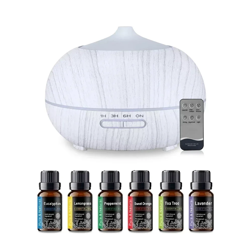 

550ml Wood Grain Essential Oil Diffuser, 7-Color LED, Ultrasonic Humidifier, Remote, 6 Oils Included