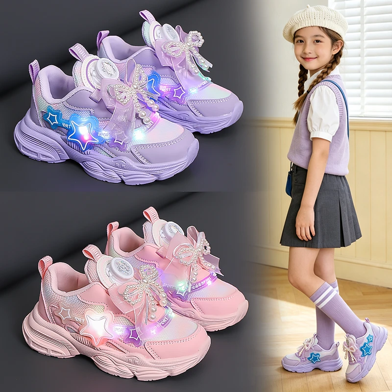 

Girls Cute Glowing Star Light Up Sneakers, Pearl Tulle Bow Rotary Buckle, Breathable Mesh Thick Sole Daily Sports Shoes
