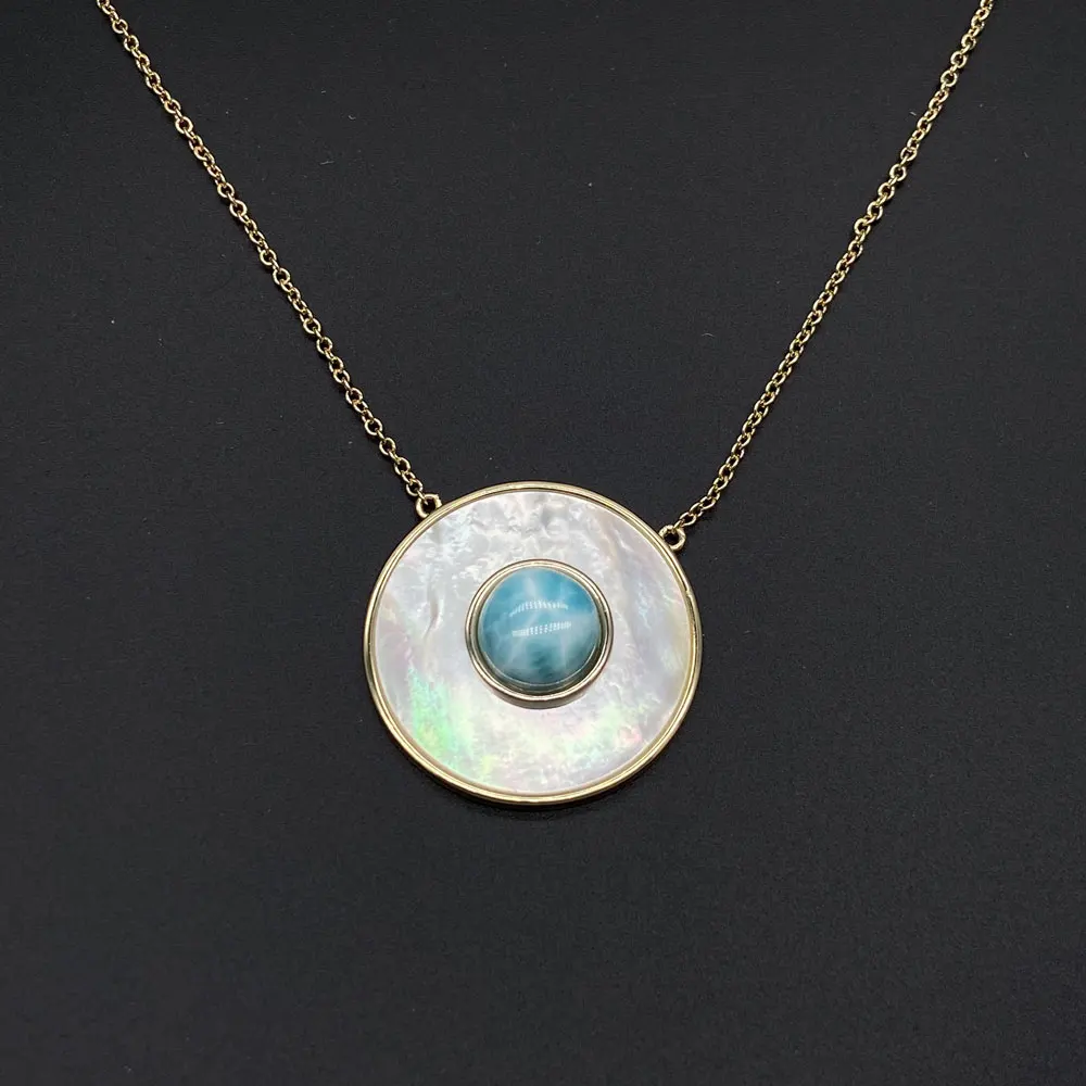 Trendy Natural Larimar Pendant 14K Yellow Gold White Shell Gemstone 8mm Necklace for Women Girl Party Fine Jewelry Gift view 2