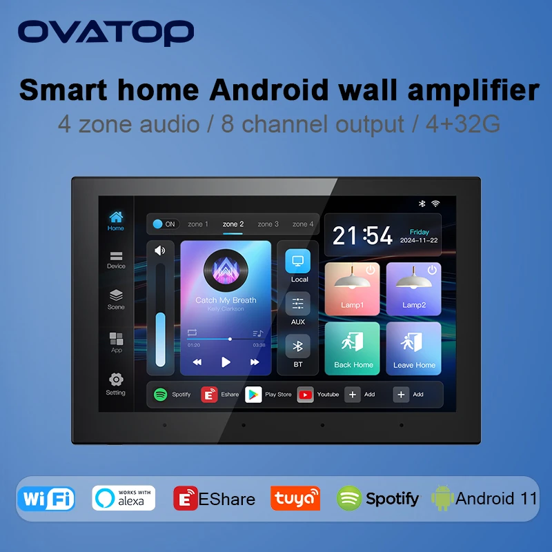 Smart home Android 11 system 4 zone audio in wall amplifier 4+32G TUYA controls panel 8 inch touch screen bluetooth music player