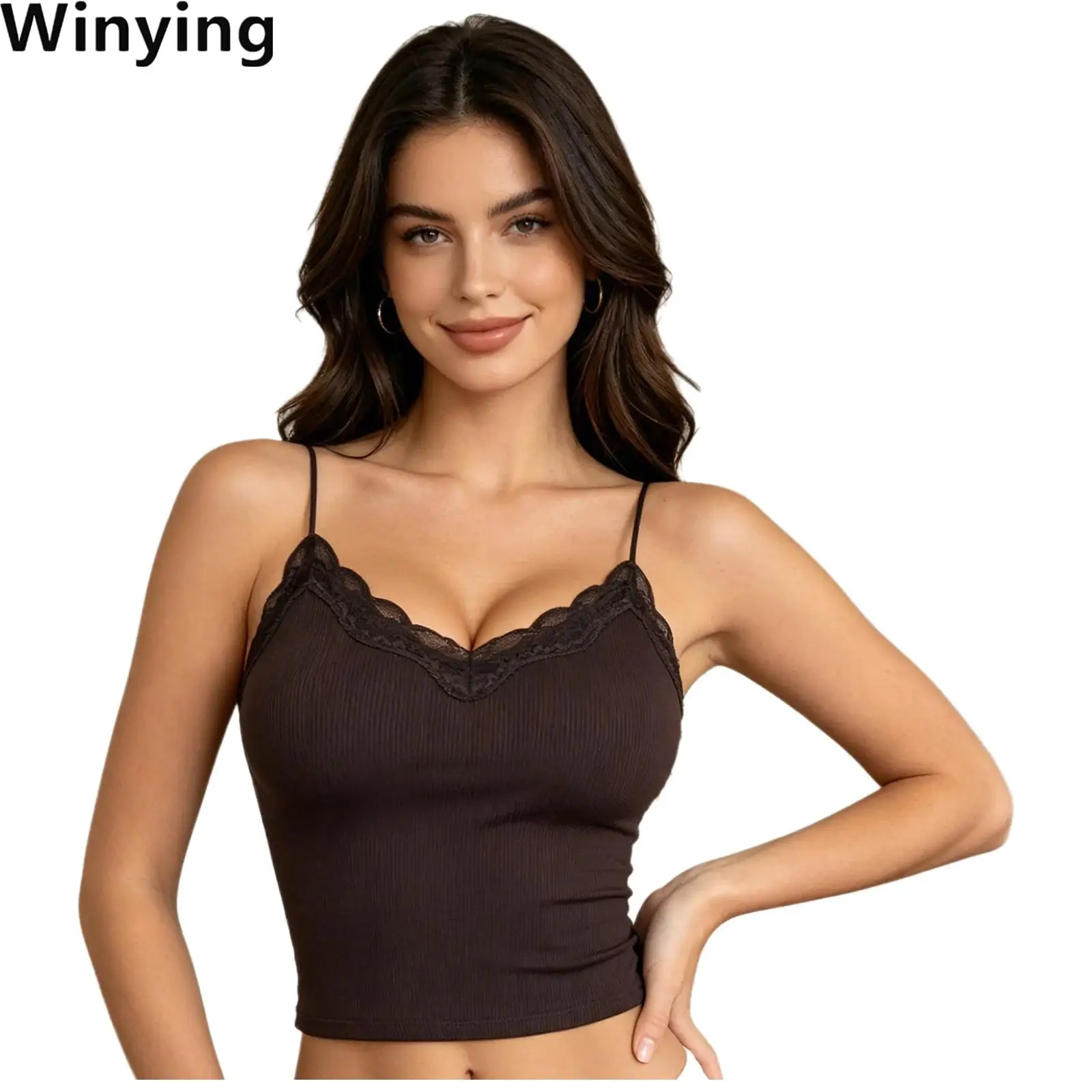 

Women Versatile Stretchy Built-in Bra Camisole Top Summer Lace Trim V Neck Spaghetti Straps Ribbed Vest for Raves Party Clubwear