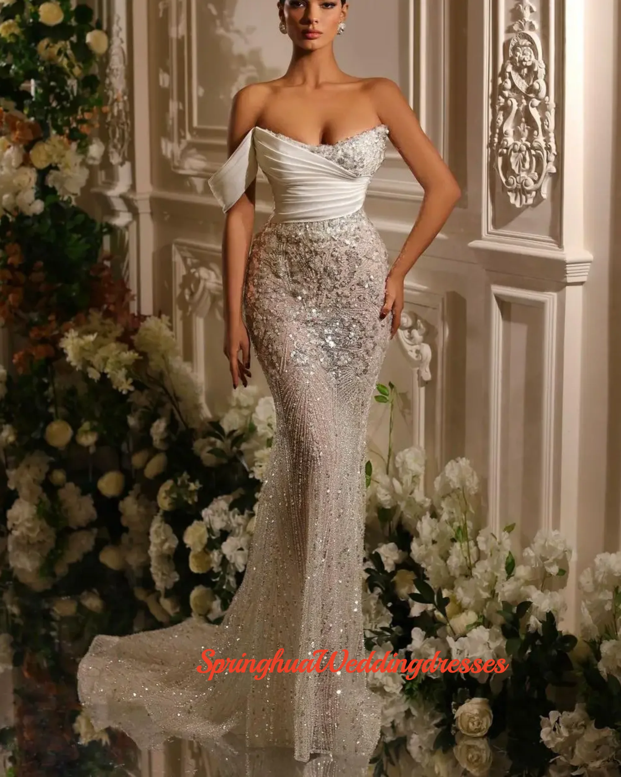 Vestido de novia de sirena árabe personalizado con tren desmontable ilusión vestidos de novia de encaje con lentejuelas bata de velada