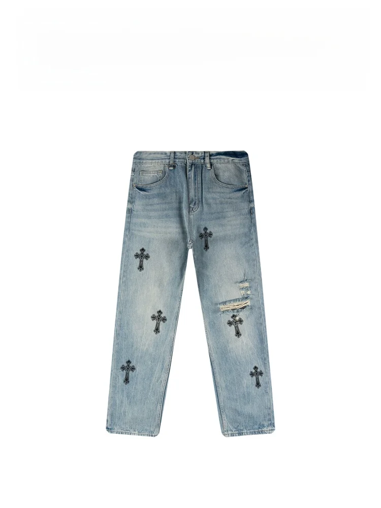 

Baiboliy Cross Luxury Loose Straight Leg Jeans Men's American High Street Retro Trendy Long Pants Casual Breathable Cotton Po...