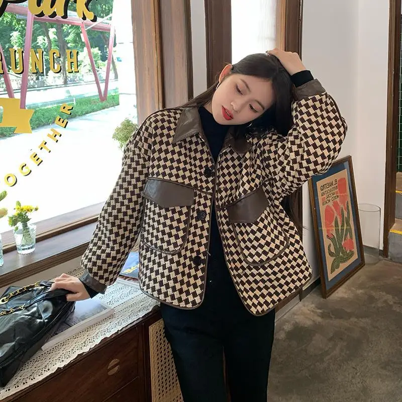 Woman Jackets 2022 autumn/winter Plaid turn-down Collar Pockets Lantern Sleeve woman's Coats Dropshipping Sale YPH985
