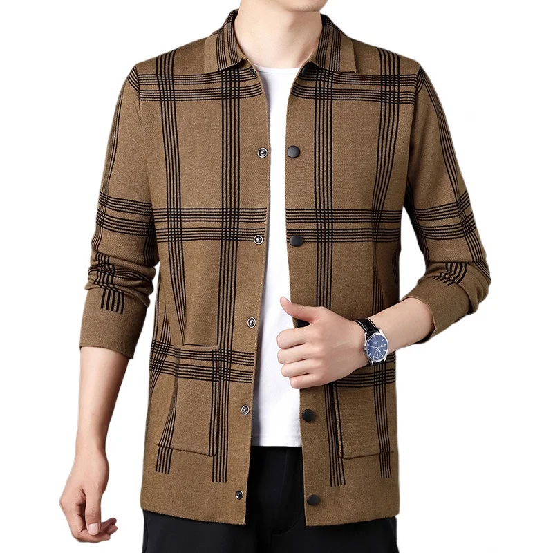 Cárdigan de punto a rayas cuadradas para hombre, suéter de cuello Polo, suéteres de invierno versátiles, moda informal, nuevo