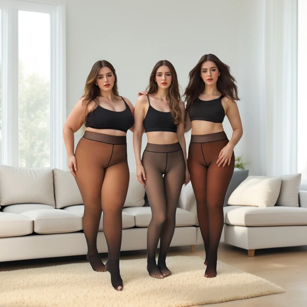 Warm Pants Women's Fleece Lined Thermal Tights One-Line Seams Front Back Semi-Transparent Thick Leggings Closed Foot Design