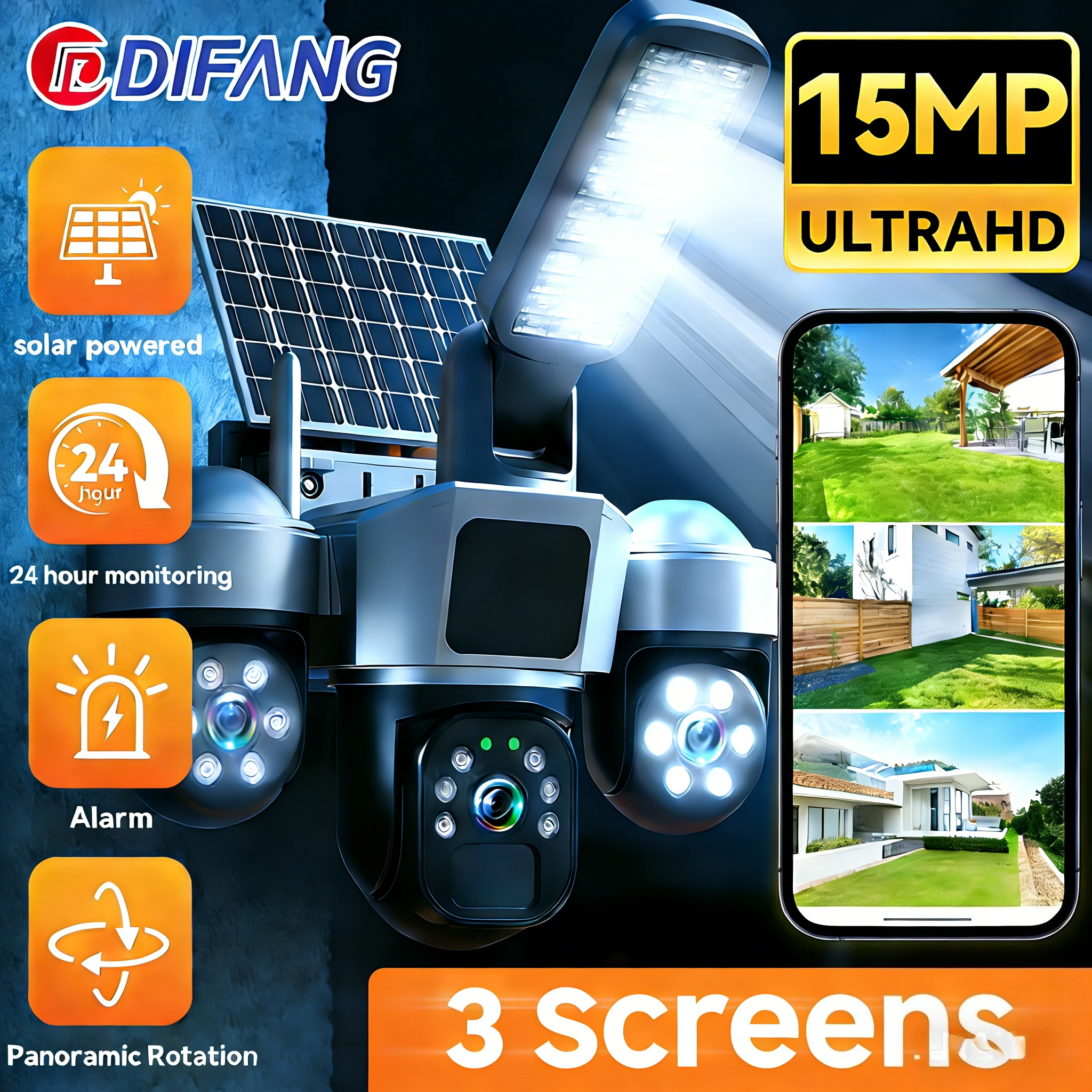 

DIFANG 15MP Solar WIFI IP Camera 3 Screen Security Protection 4G Sim Wireless Battery CCTV Surveillance V380 Outdoor Solar light