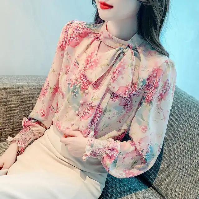 Printed Top New Stand Collar Long Sleeved Shirt Chiffon Shirt Women Lantern Sleeve Top Women