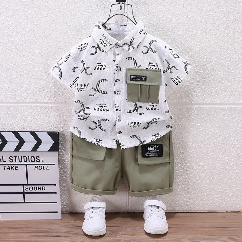 Children's shirt set summer short sleeved fashion 2024 new fashion boys printed shirt shorts two-piece set