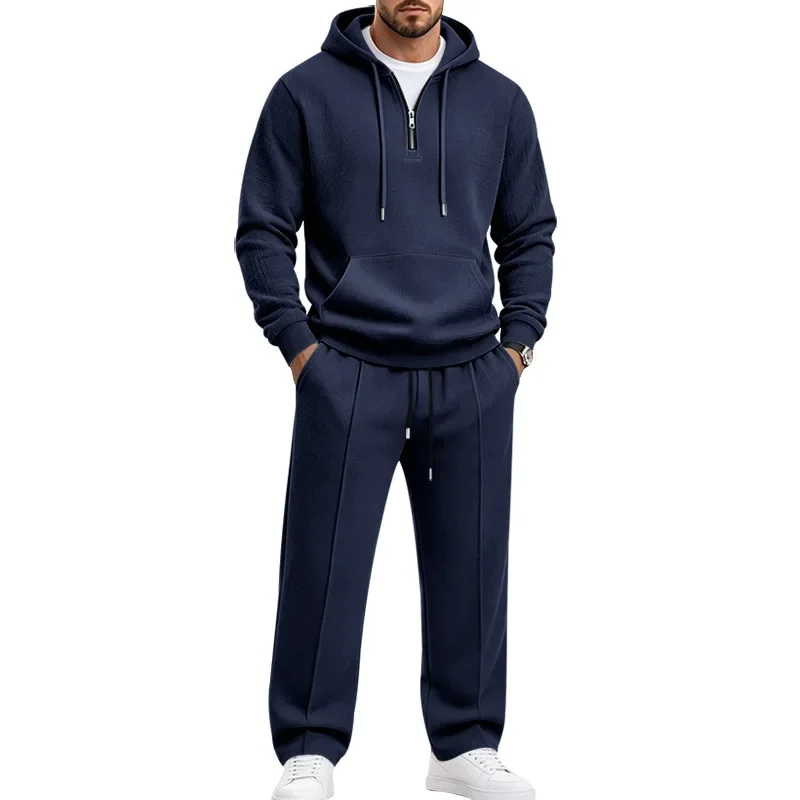 Heavyweight Waffle Texture Men 2Pcs Set Hooded Sweatshirt Straight Sweatpants Spring Autumn Casual Loose Commuter Outfit