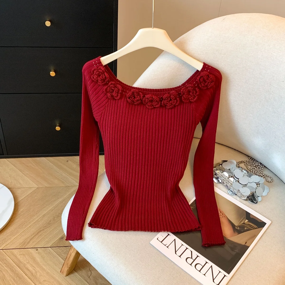 한국 패션 여성 풀오버 스웨터 2025 가을 겨울 섹시한 꽃무늬 니트 셔츠 슬림 긴팔 캐주얼 여성 상의