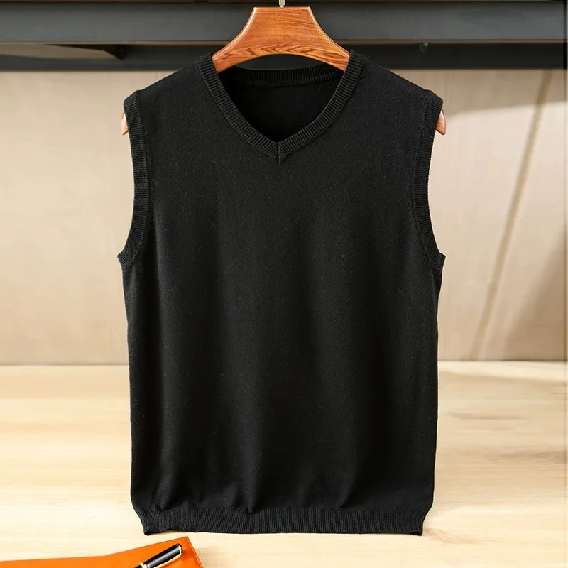 

Свободный мужской шерстяной свитер с v-образным вырезом, жилет, осень-зима, модный повседневный вязаный топ, однотонная основа, корейский свободный крой