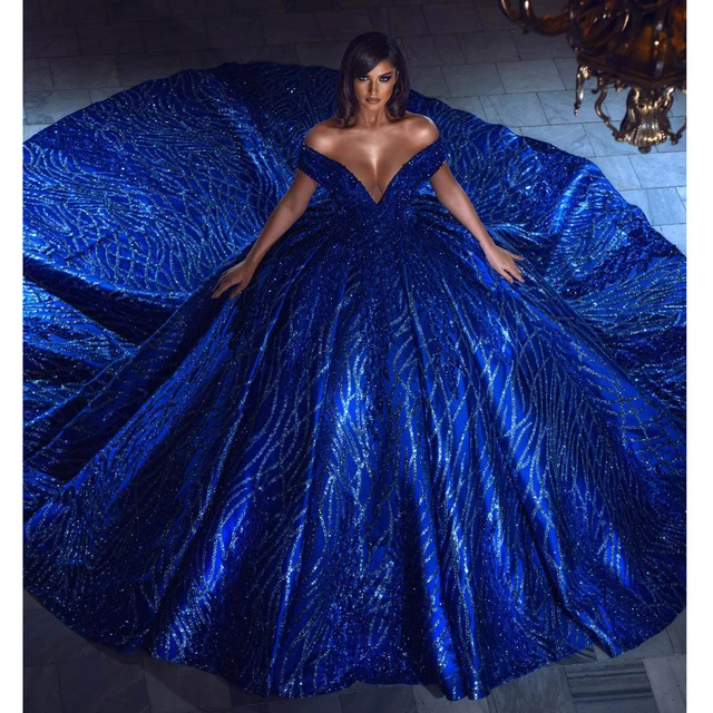 Robe de mariee bleu royal etincelante mancherons cherie tout ce que les patients font sur mesure paillettes brillantes train chapelle AliExpress